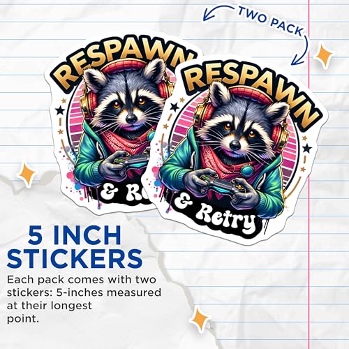 (2 Pack) Respawn and Retry Stickers - Gamer Raccoon Stickers - Cool Gaming Stickers for Laptops and Water Bottles - 5" On Longest Side - Sticks to Smooth Flat Surfaces - Made in USA - BMCS4543