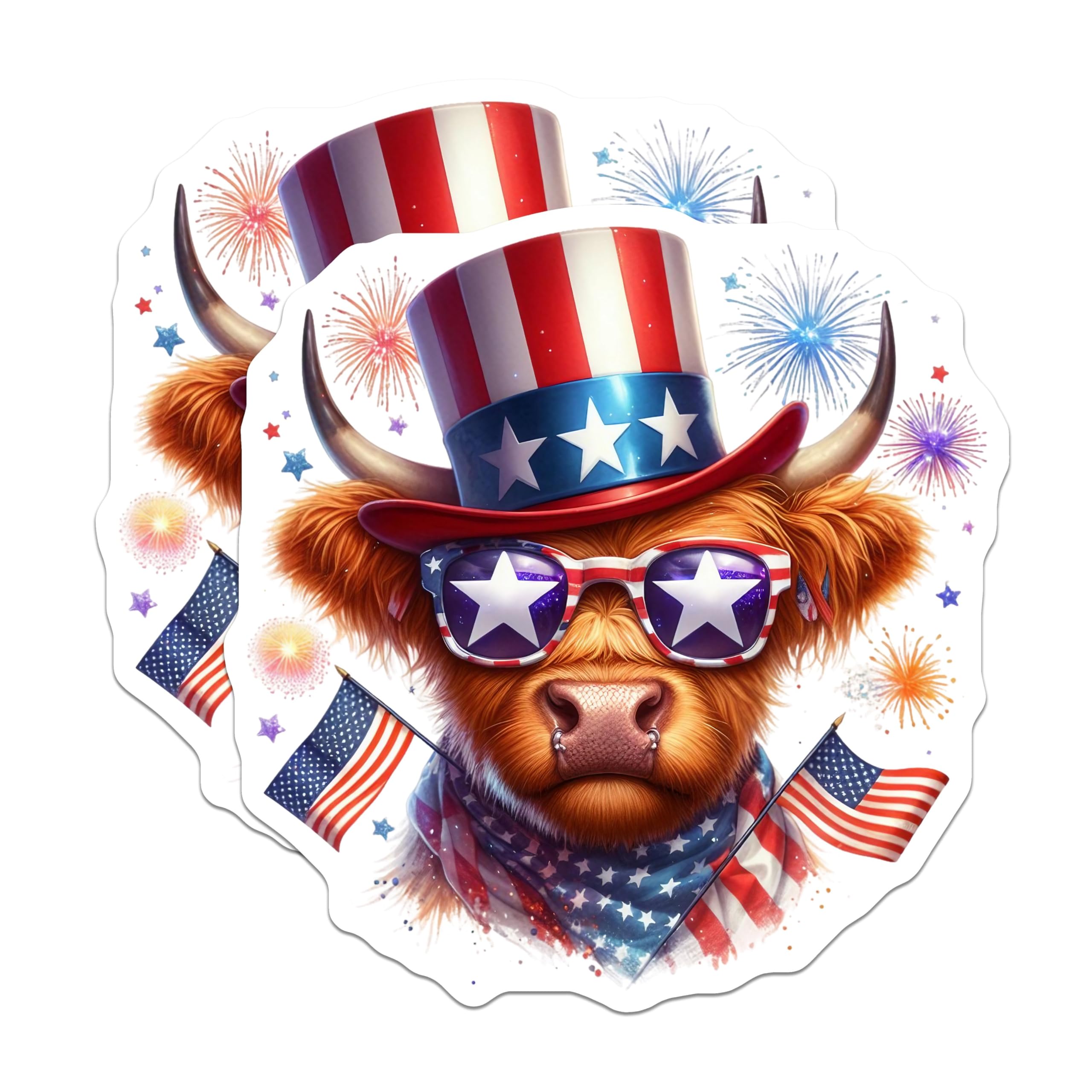 (2 Pack) Patriotic Cow Stickers - American Flag - Independence Day Decor - 5" On Longest Side - Sticks to Smooth Flat Surfaces - Made in USA - BMCS6335