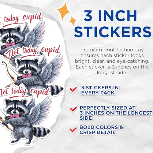 (3 Pack) Not Today Cupid Decals - Valentine Raccoon with Bow Arrow - Funny Cupid - 3 Inches On Longest Side - Easy Peel & Apply - Made in USA - 3MCS1803