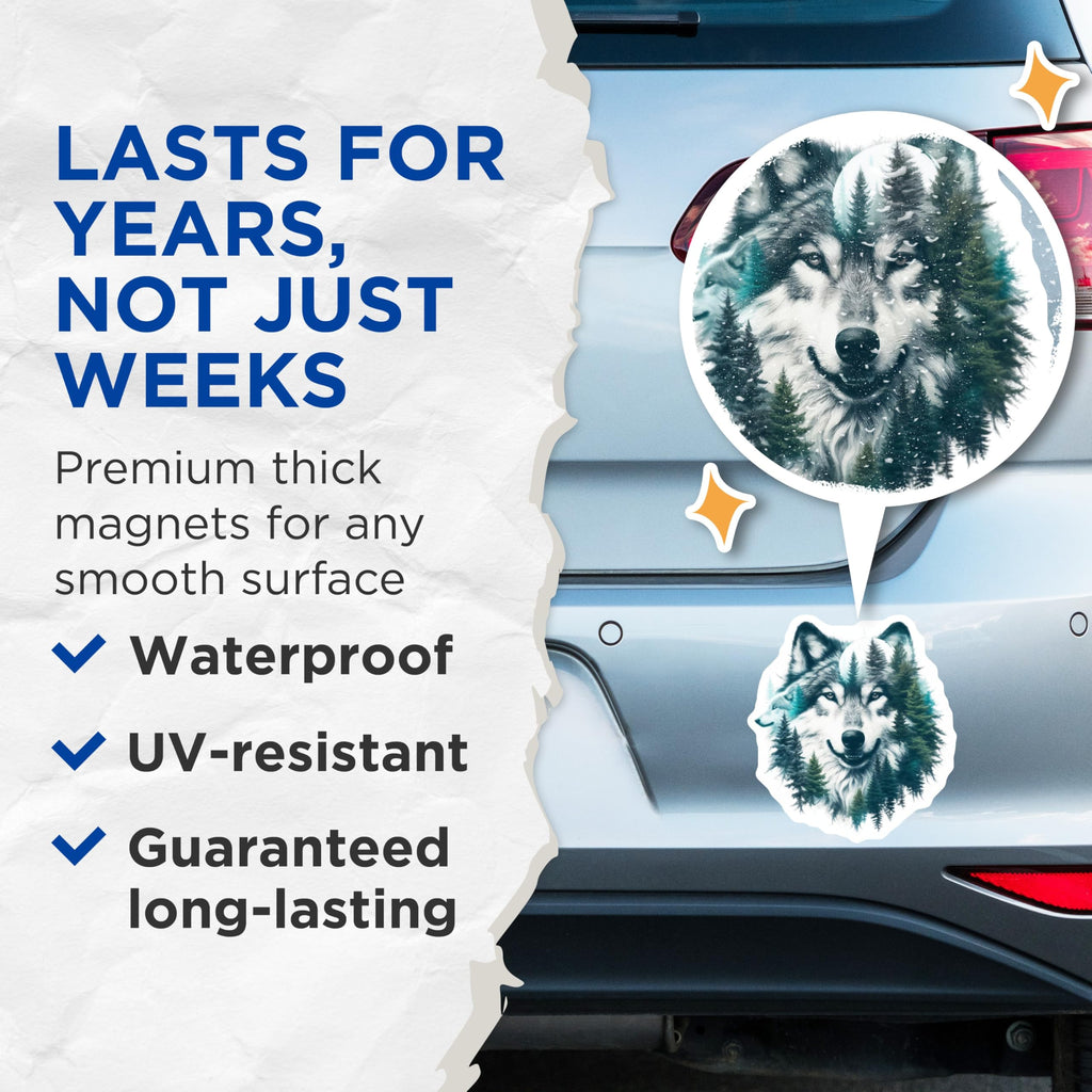 (2 Pack) Wolf Magnets - Forest Animal Decor - Nature Home Decorations - 5" On Longest Side - Premium Magnet - for Cars, Refrigerators, Toolboxes, Lockers - Made in USA - MAG15579