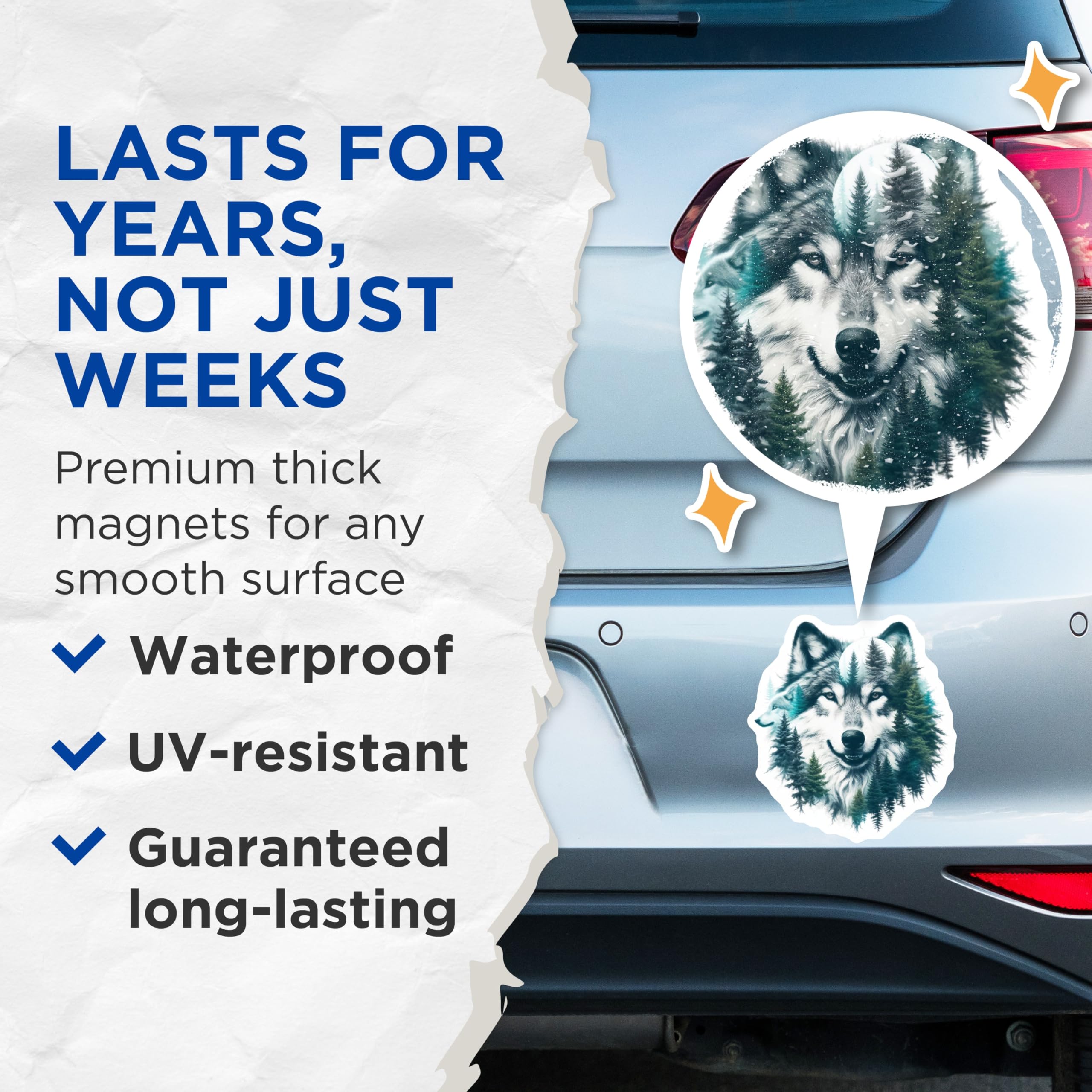 (2 Pack) Wolf Magnets - Forest Animal Decor - Nature Home Decorations - 5" On Longest Side - Premium Magnet - for Cars, Refrigerators, Toolboxes, Lockers - Made in USA - MAG15579