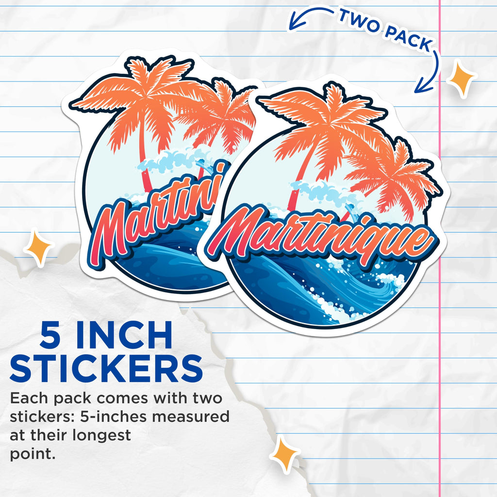 (2 Pack) Martinique Stickers - Caribbean Island - Palm Tree Decals - 5" On Longest Side - Sticks to Smooth Flat Surfaces - Made in USA - BMCS18927
