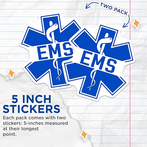 (2 Pack) EMS Star of Life Stickers - Emergency Medical Services Decal - Paramedic Vinyl Stickers - 5" On Longest Side - Sticks to Smooth Flat Surfaces - Made in USA - BMCS5151