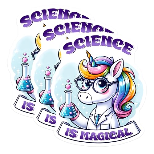 (3 Pack) Unicorn Scientist Decals - Science is Magical - Laptop Decal - Cute Rainbow Decal - 3 Inches On Longest Side - Easy Peel & Apply - Made in USA - 3MCS6828
