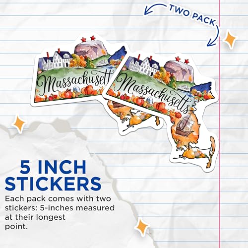 (2 Pack) Massachusetts State Sticker - New England Travel Sticker - Fall Aesthetic Sticker - 5" On Longest Side - Sticks to Smooth Flat Surfaces - Made in USA - BMCS6279