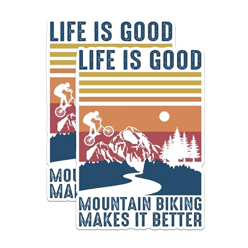 (2 Packs) Life is Good Mountain Biking Makes It Better Stickers - Mountain Biking Decals - 5 Inches On Longest Side - Premium Vinyl Decal - Sticks to Any Smooth Flat Surface - Made in USA - BMCS2337