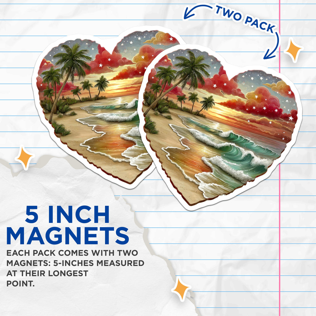 (2 Pack) Heart Beach Sunset Magnets - Tropical Ocean Waves Decor - Romantic Palm Tree Dreamy Coastal Art for Fridge - 5 Inches On Longest Side - Thick Durable Magnet - Made in USA - MAG38127