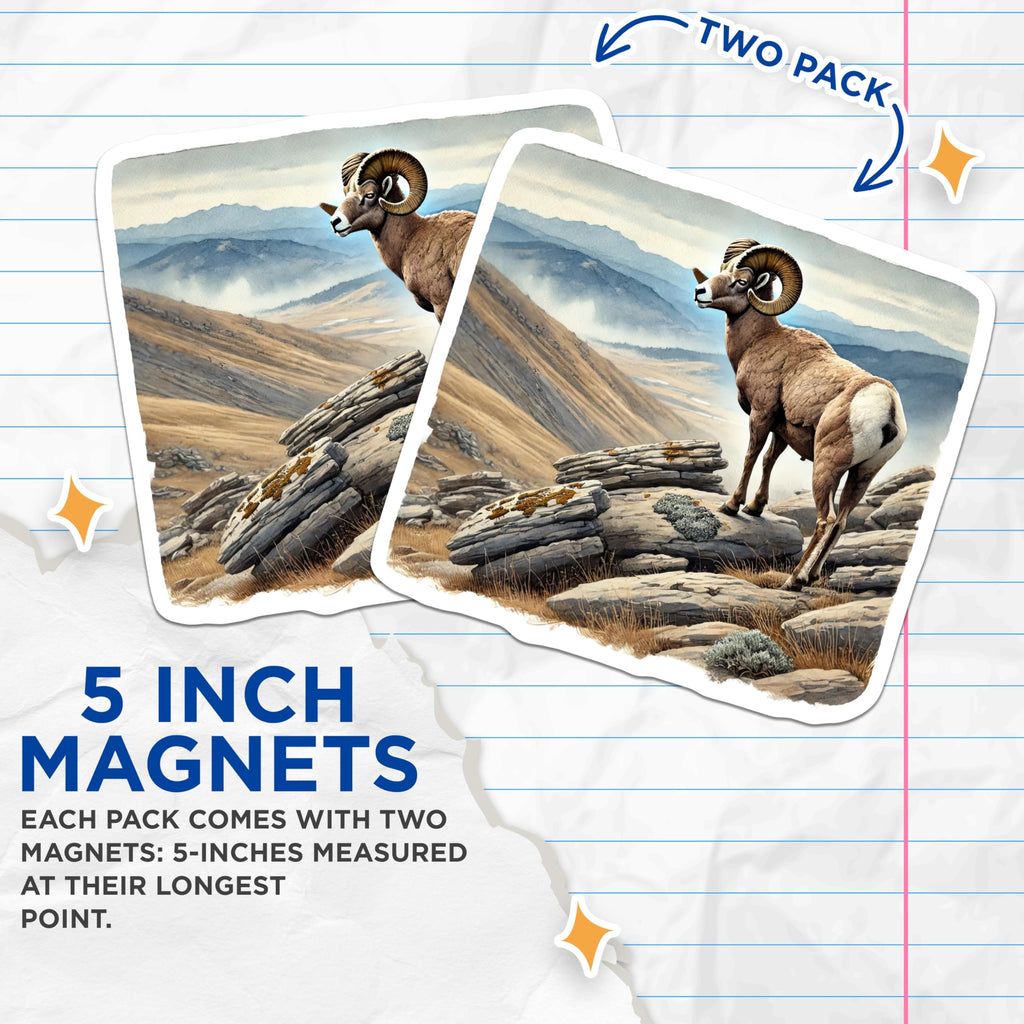(2 Pack) Bighorn Sheep Magnets - Mountain Ram Decor - Wildlife Fridge Decorations - 5" On Longest Side - Premium Magnet - for Cars, Refrigerators, Toolboxes, Lockers - Made in USA - MAG18233