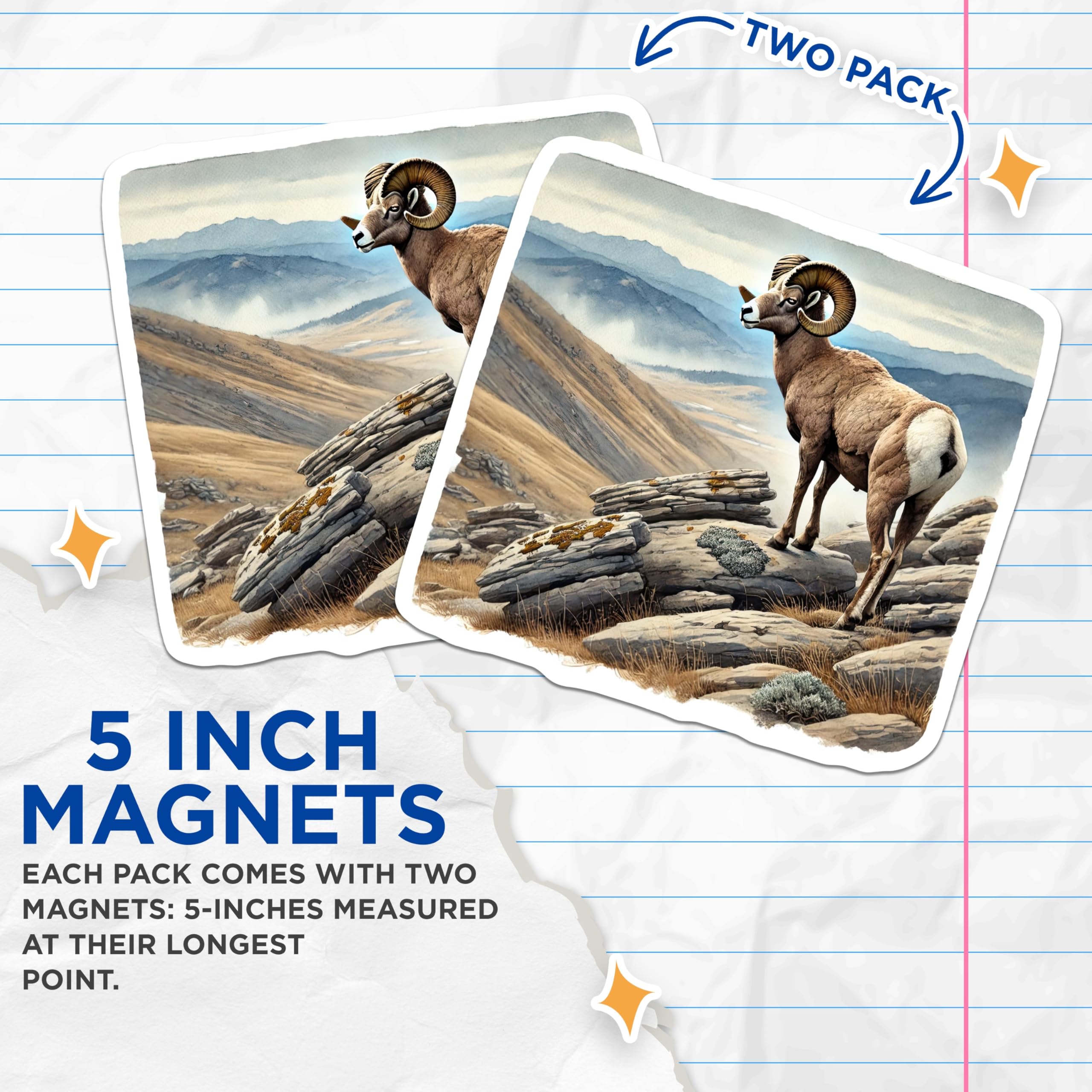 (2 Pack) Bighorn Sheep Magnets - Mountain Ram Decor - Wildlife Fridge Decorations - 5" On Longest Side - Premium Magnet - for Cars, Refrigerators, Toolboxes, Lockers - Made in USA - MAG18233