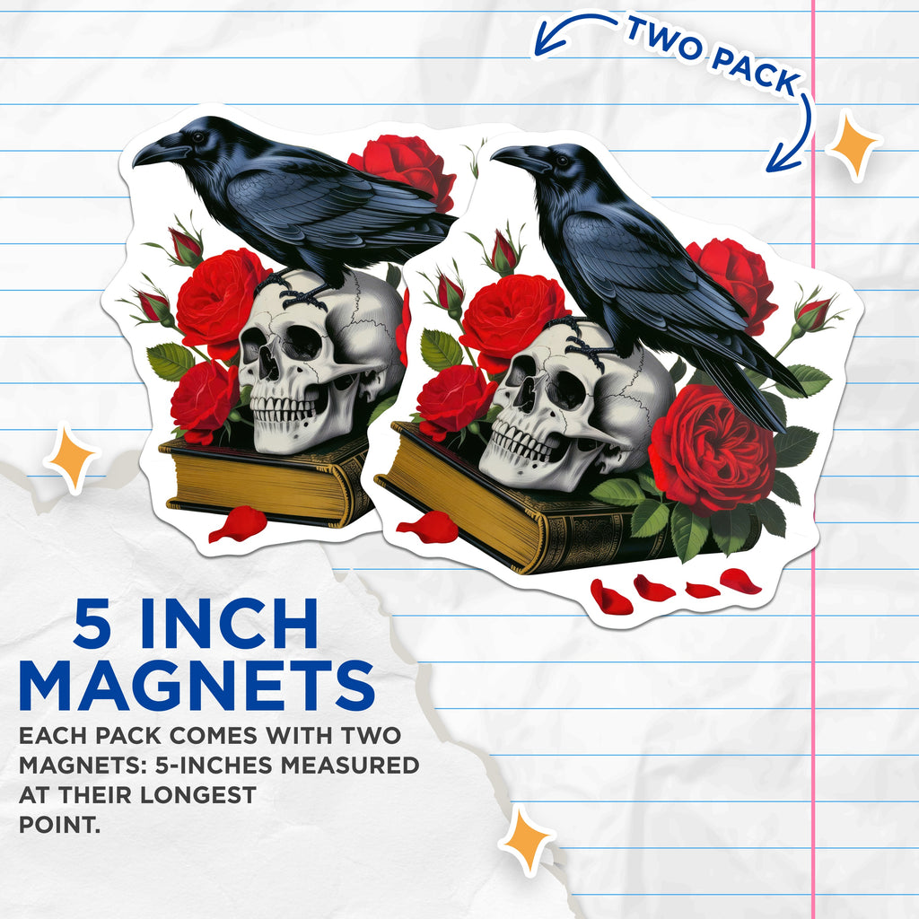 (2 Pack) Raven Skull Book Magnets - Gothic Home Decor - Dark Academia Room Decor - Victorian Macabre Art - 5 Inches On Longest Side - Thick Durable Magnet - Made in USA - MAG37896
