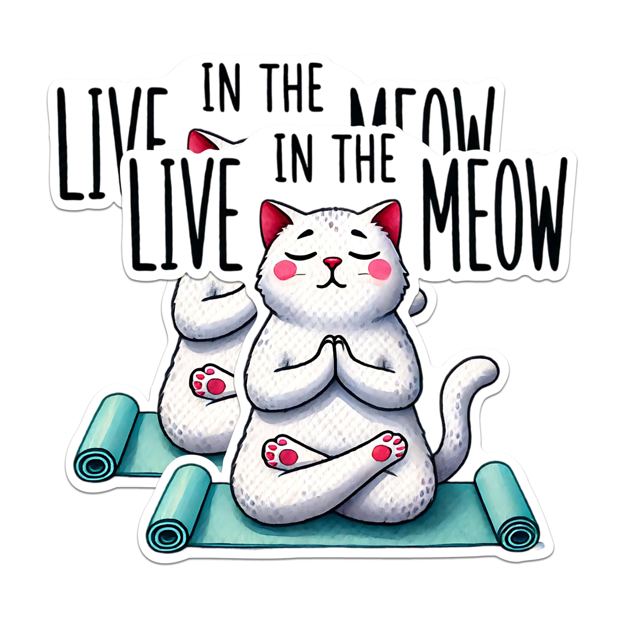 (2 Packs) Live In The Meow Stickers - Cute Funny Peaceful Cat Meditating Meditation Decals - 5 Inches On Longest Side - Premium Vinyl Decal - Sticks To Any Smooth Flat Surface - Made In USA - BMCS2415