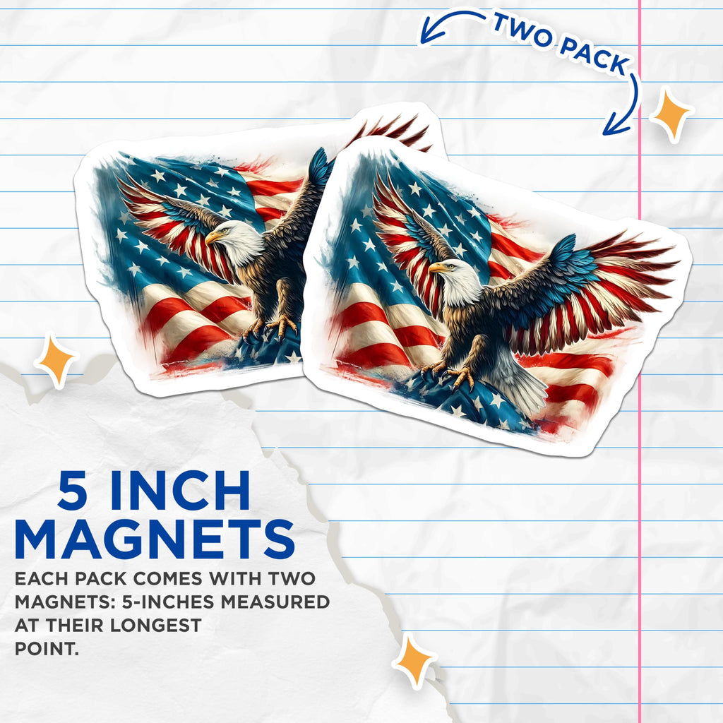 (2 Pack) Eagle American Flag Magnets - Patriotic Decor - USA Fridge Magnets - 5" On Longest Side - Premium Magnet - for Cars, Refrigerators, Toolboxes, Lockers - Made in USA - MAG15734
