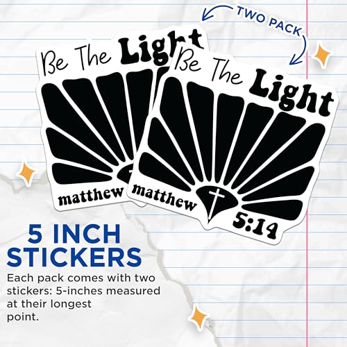 (2 Pack) Be The Light Stickers - Faith Inspirational Stickers - Religious Motivation Stickers - 5" On Longest Side - Sticks to Any Smooth Flat Surface - Made in USA - BMCS3094