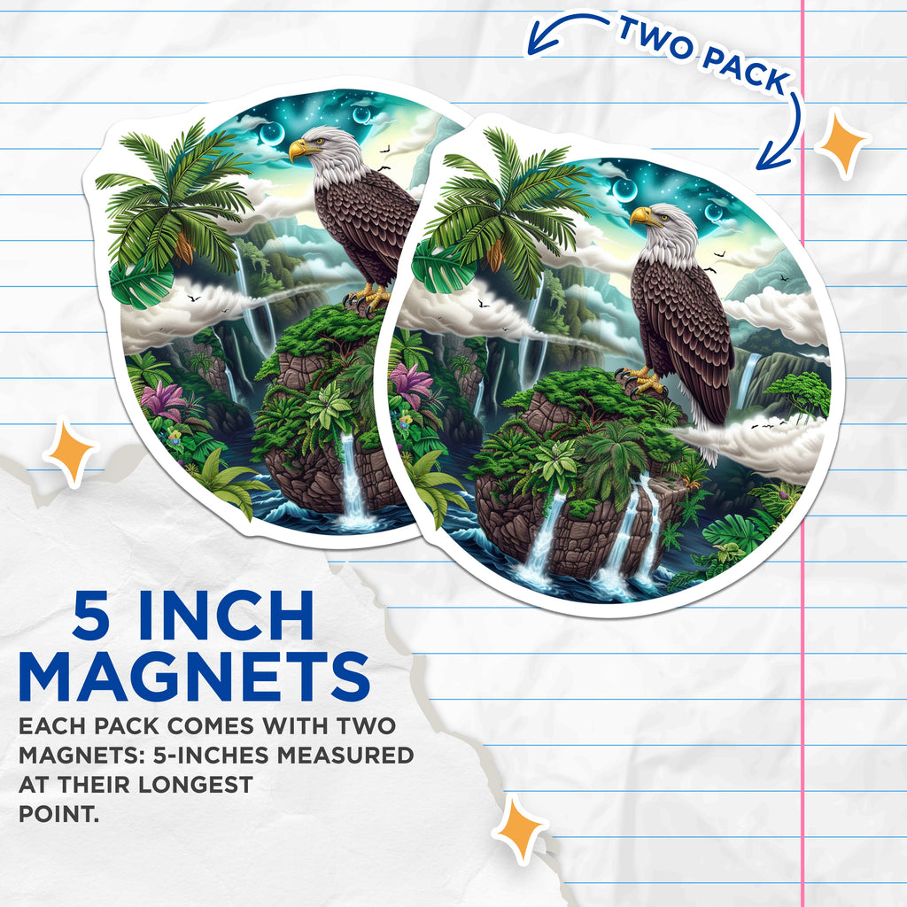 (2 Pack) Bald Eagle Magnets - Tropical Jungle Waterfall Art - Wildlife Fridge Locker Decor - 5 Inches On Longest Side - Thick Durable Magnet - Made in USA - MAG36095