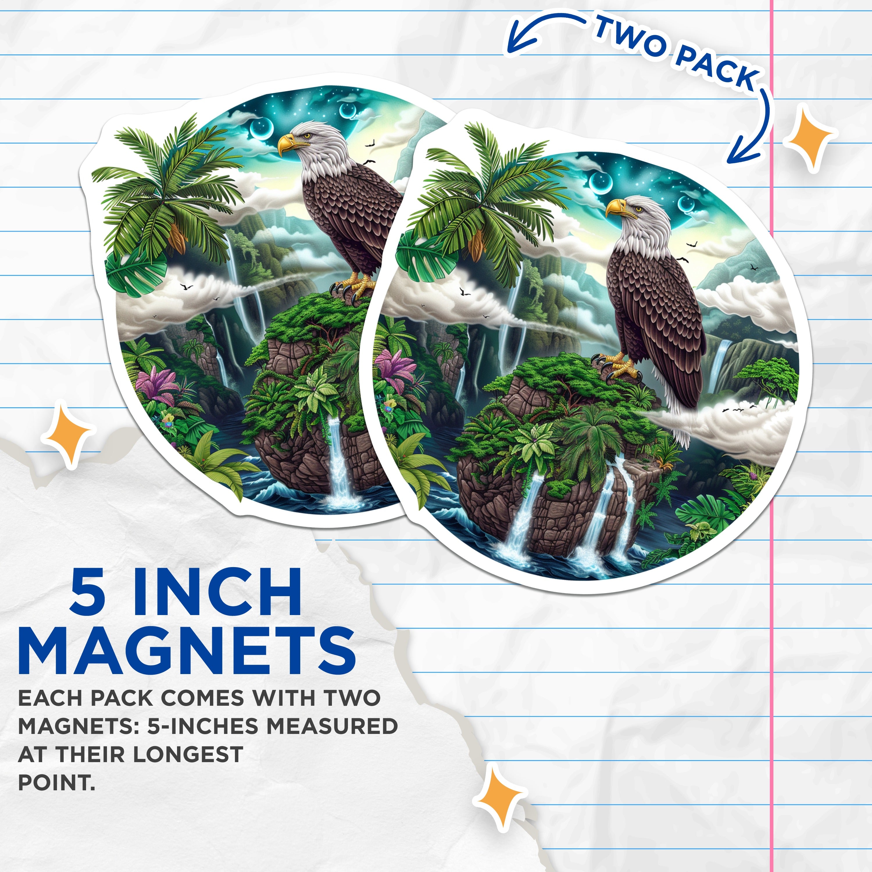 (2 Pack) Bald Eagle Magnets - Tropical Jungle Waterfall Art - Wildlife Fridge Locker Decor - 5 Inches On Longest Side - Thick Durable Magnet - Made in USA - MAG36095