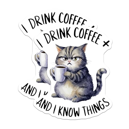 (2 Pack) Funny Cat Stickers - I Drink Coffee Stickers - Grumpy Cat Humor Stickers - 5" On Longest Side - Sticks to Any Smooth Flat Surface - Made in USA - BMCS3453