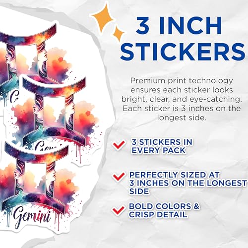 (3 Pack) Gemini Zodiac Decals - Astrology Sign - Laptop Decal- 3 Inches On Longest Side - Easy Peel & Apply - Made in USA - 3MCS5429