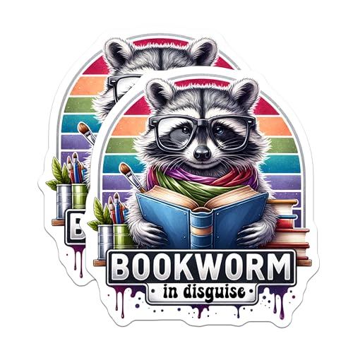 (2 Pack) Bookworm Magnets - Raccoon Art Magnets - Reading Lover - Cute Animal Magnets - Colorful Fridge Magnets - 5" On Longest Side - for Cars, Fridges, Toolboxes - Made in USA - MAG4537