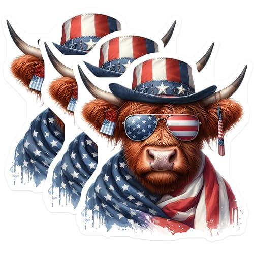 (3 Pack) Highland Cow Decals - Patriotic Bull - USA Flag - Laptop Decals- 3 Inches On Longest Side - Easy Peel & Apply - Made in USA - 3MCS5137