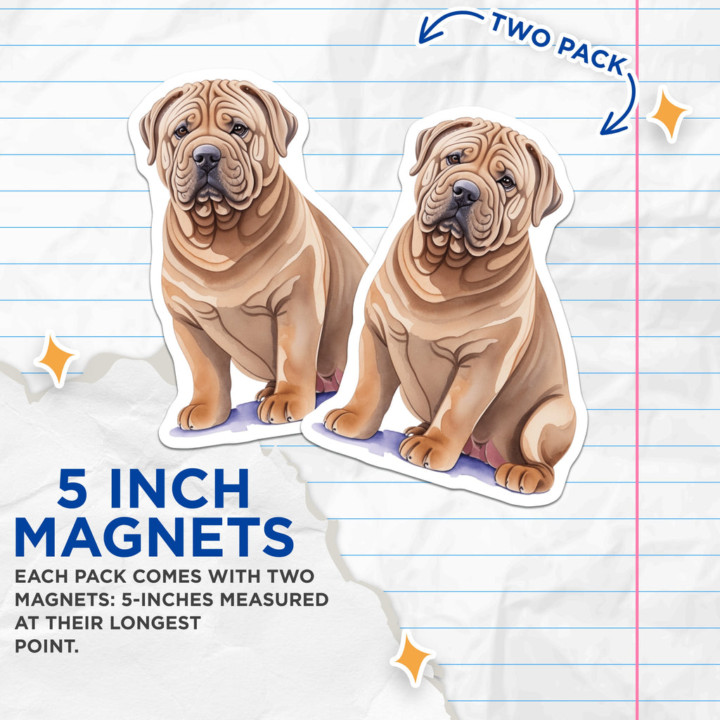 (2 Pack) Shar Pei Dog Magnets - Watercolor Dog Art - Wrinkled Puppy Pet Decor - 5 Inches On Longest Side - Thick Durable Magnet - Made in USA - MAG39267