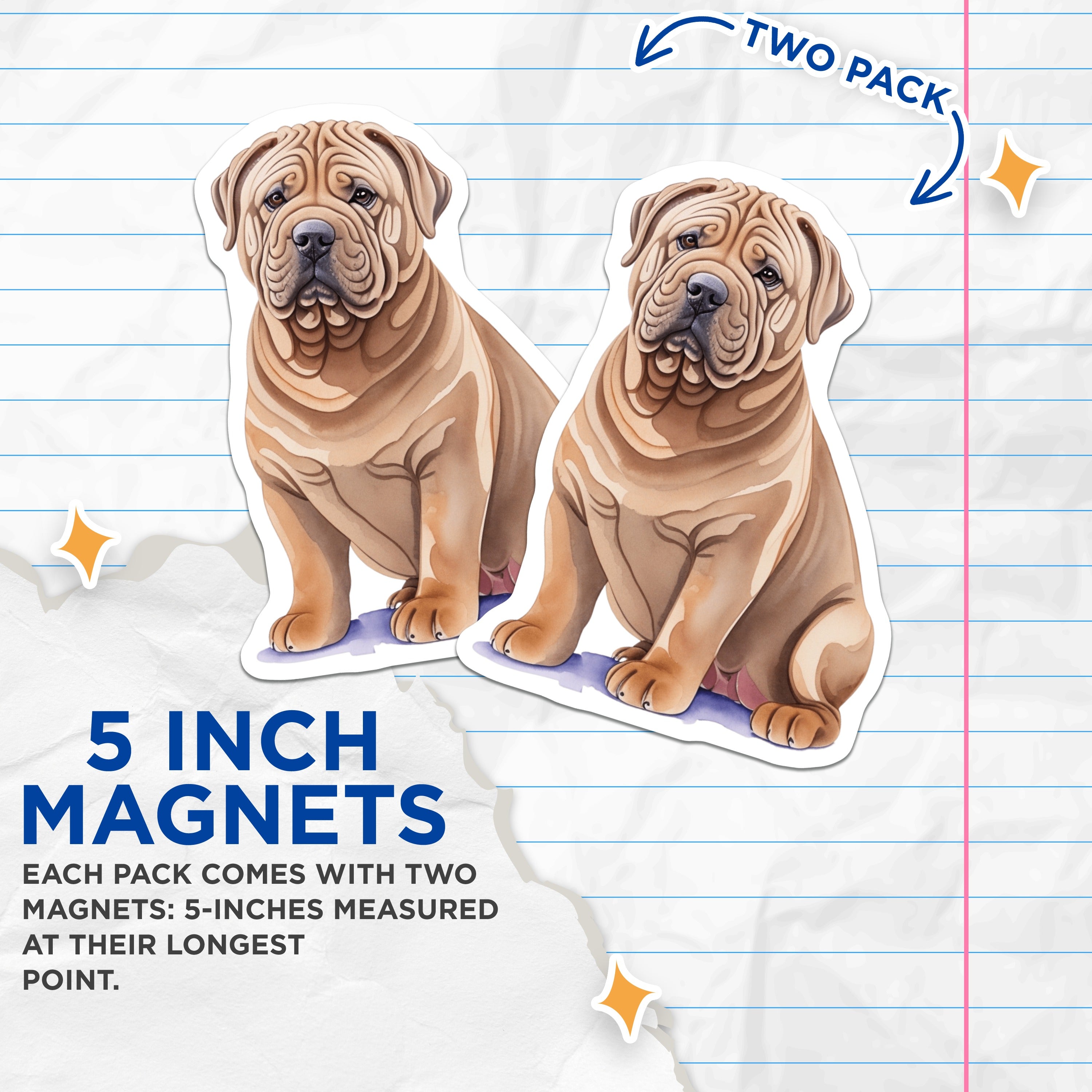 (2 Pack) Shar Pei Dog Magnets - Watercolor Dog Art - Wrinkled Puppy Pet Decor - 5 Inches On Longest Side - Thick Durable Magnet - Made in USA - MAG39267