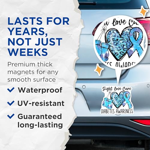 (2 Pack) Fight Love Cure Magnets - Diabetes Awareness - Blue Ribbon Inspirational Magnet - Boxing Gloves Design - 5" On Longest Side - for Cars, Fridges, Toolboxes - Made in USA - MAG4285