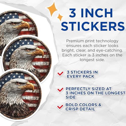 (3 Pack) American Eagle Decals - USA Flag Art - Patriotic Stickers - 3 Inches On Longest Side - Easy Peel & Apply - Made in USA - 3MCS0038