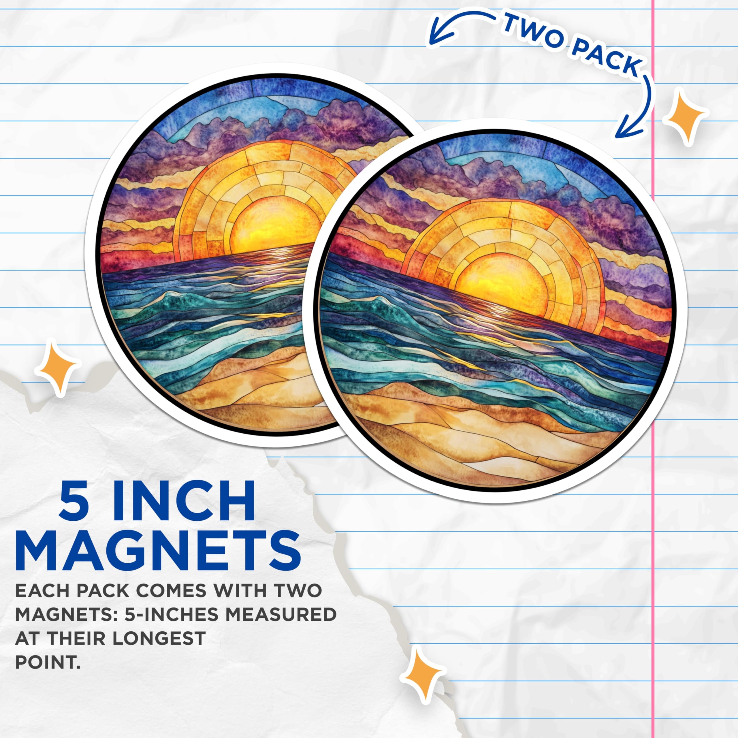 (2 Pack) Stained Glass Sunset Magnets - Ocean Beach Scene - Boho Coastal Decor - 5 Inches On Longest Side - Thick Durable Magnet - Made in USA - MAG25932
