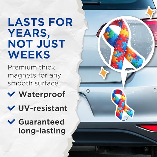 (2 Pack) Autism Awareness Magnets - Puzzle Ribbon Magnets - Support Autism - Colorful Puzzle Shape - 5" On Longest Side - for Cars, Fridges, Toolboxes - Made in USA - MAG6849