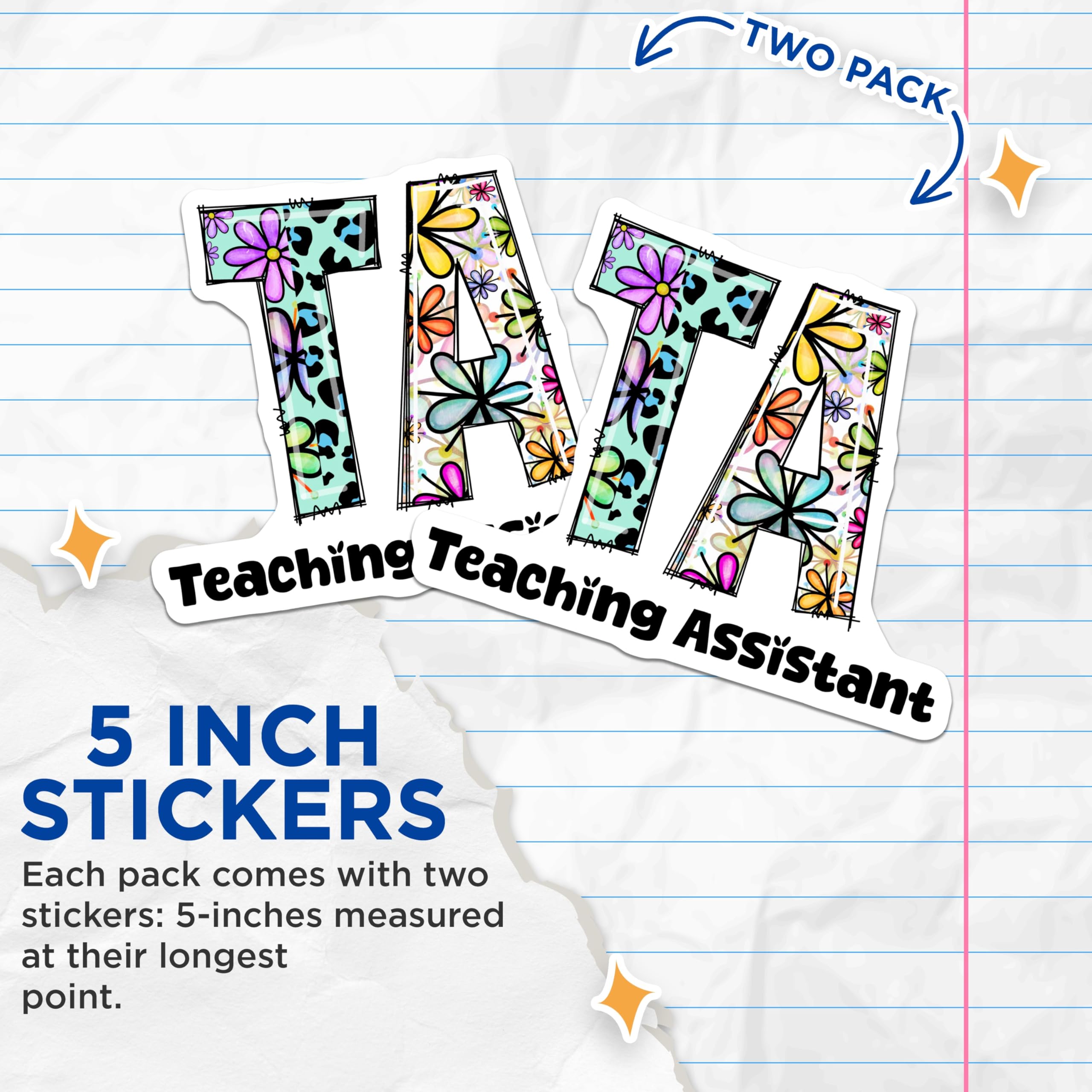 (2 Pack) Teaching Assistant Stickers - TA Stickers - Floral TA Design - 5" On Longest Side - Sticks to Smooth Flat Surfaces - Made in USA - BMCS14382