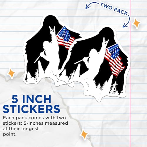 (2 Pack) Bigfoot American Flag Stickers - Sasquatch Decal - Patriotic Cryptid Art Stickers - 5" On Longest Side - Sticks to Smooth Flat Surfaces - Made in USA - BMCS5872