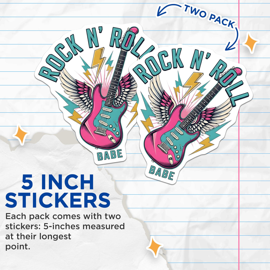 (2 Pack) Rock N Roll Babe Stickers - Electric Guitar Stickers - Band Stickers - 5" On Longest Side - Sticks to Smooth Flat Surfaces - Made in USA - BMCS18796