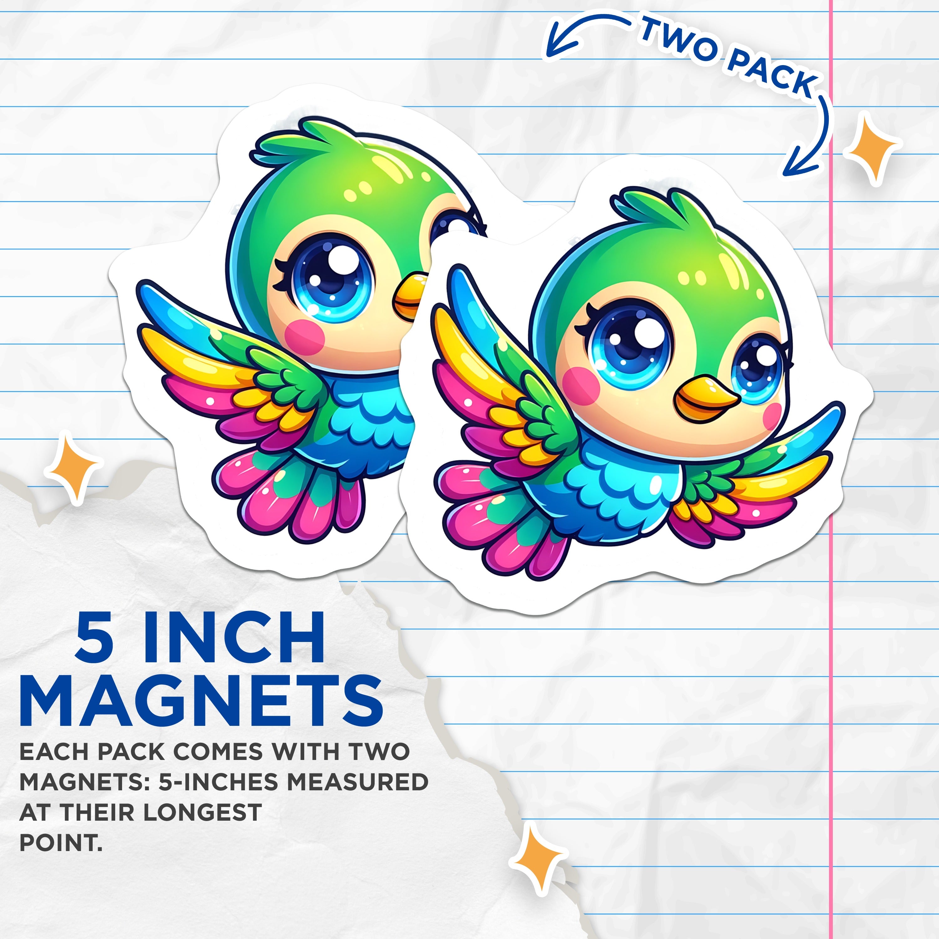 (2 Pack) Cute Cartoon Bird Magnets - Adorable Kawaii Refrigerator Decor - Vibrant Animal Fridge Organizer Accessory - 5 Inches On Longest Side - Thick Durable Magnet - Made in USA - MAG36417