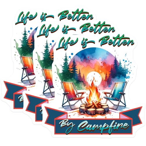(3 Pack) Campfire Decals - Camping Life Sticker - Laptop Decal Set- 3 Inches On Longest Side - Easy Peel & Apply - Made in USA - 3MCS5576
