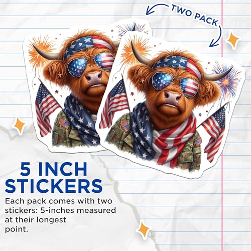 (2 Pack) Highland Cow American Flag Stickers - Patriotic Highland Cow Sticker - Fourth of July Animal Decal - 5" On Longest Side - Sticks to Smooth Flat Surfaces - Made in USA - BMCS6337