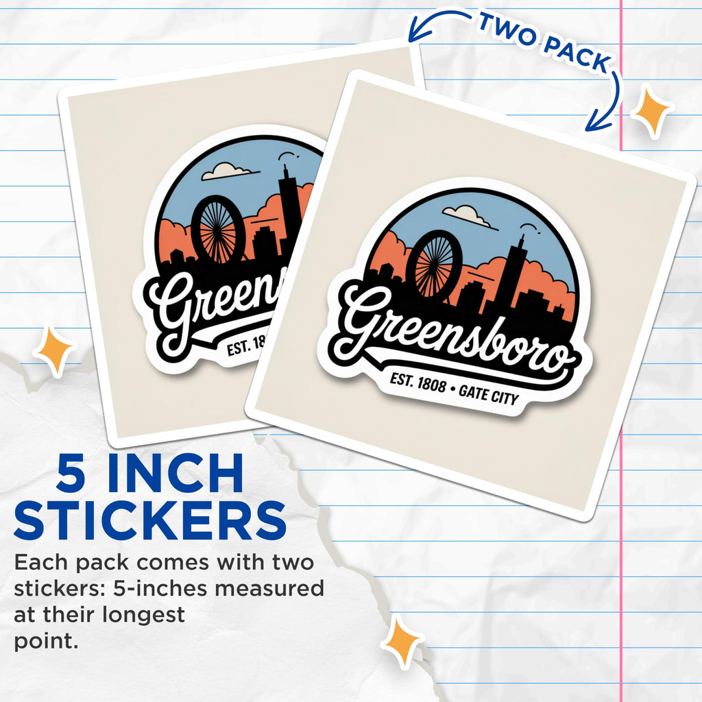 (2 Pack) Greensboro Stickers - North Carolina Travel - Gate City - 5" On Longest Side - Sticks to Smooth Flat Surfaces - Made in USA - BMCS18306
