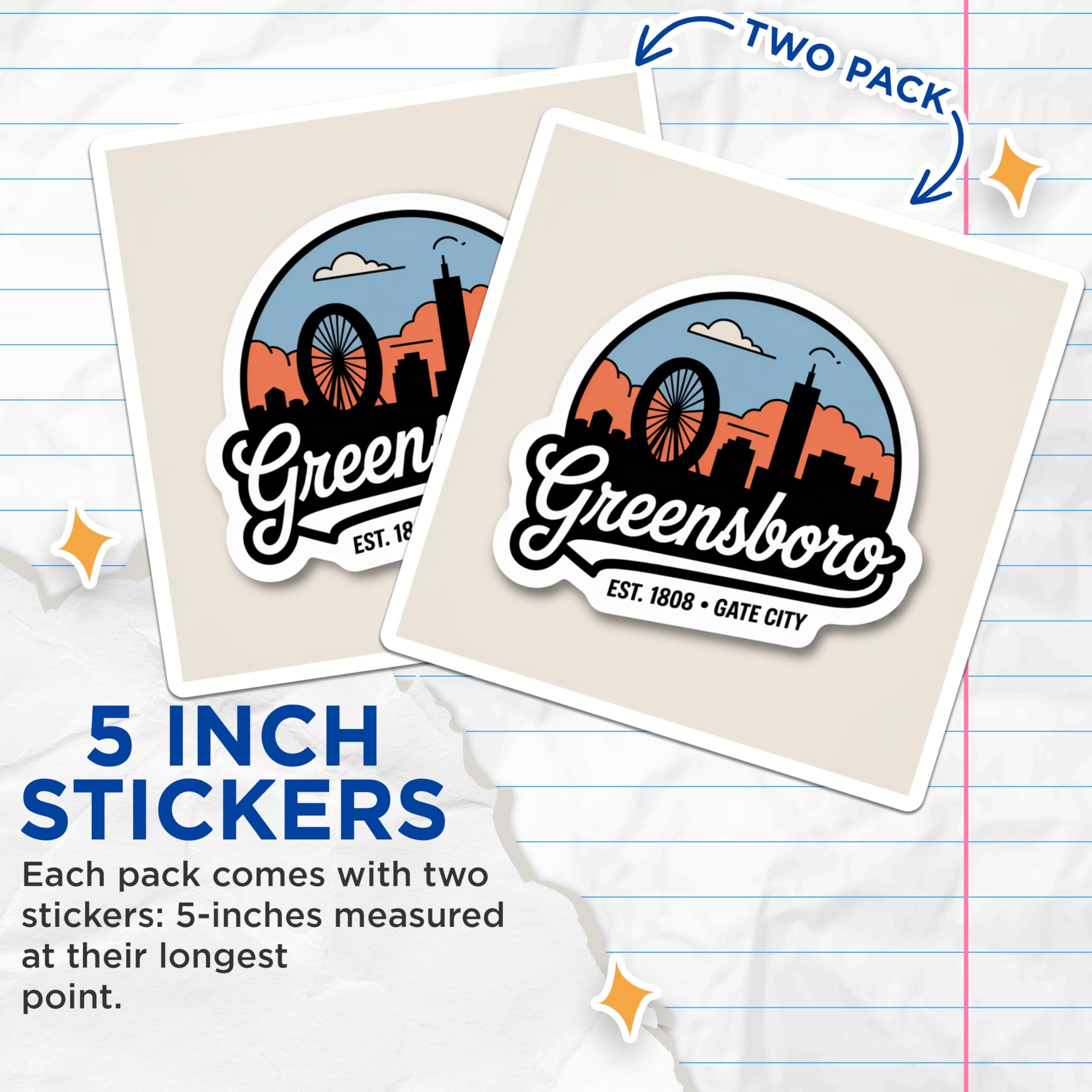 (2 Pack) Greensboro Stickers - North Carolina Travel - Gate City - 5" On Longest Side - Sticks to Smooth Flat Surfaces - Made in USA - BMCS18306