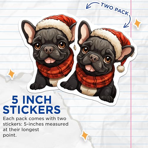 (2 Pack) French Bulldog Christmas Stickers - Cute Dog Stickers - Holiday Pet Stickers - Festive Animal Stickers - 5" On Longest Side - Sticks to Smooth Flat Surfaces - Made in USA - BMCS3935