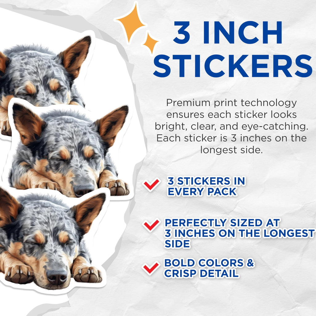 (3 Pack) Blue Heeler Decals - Sleeping Dog Decal - Australian Cattle Dog Laptop Decals - 3 Inches On Longest Side - Easy Peel & Apply - Made in USA - 3MCS8600