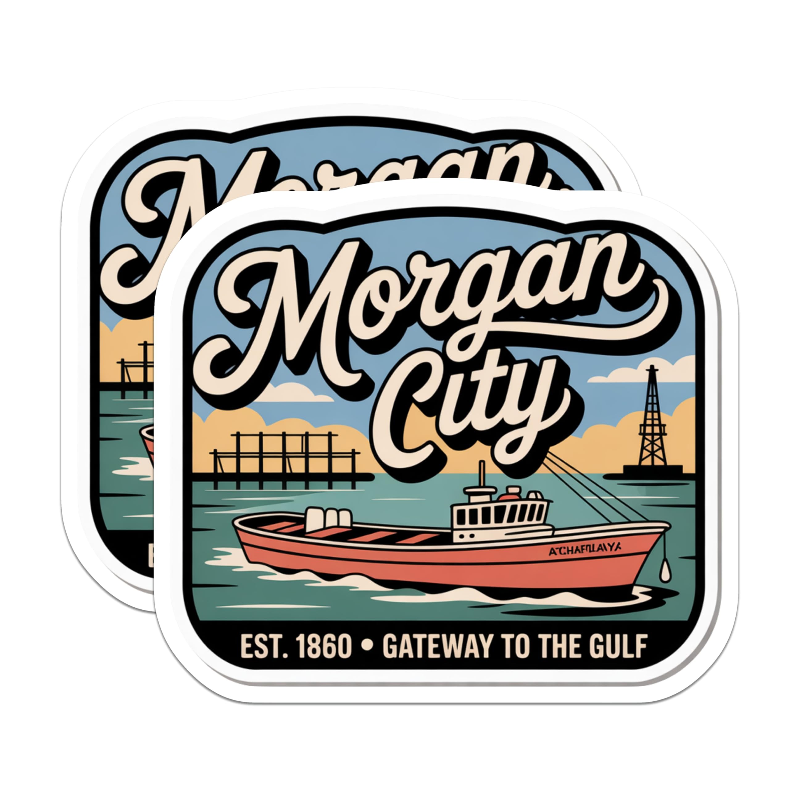 (2 Pack) Morgan City Louisiana Stickers - Boat Decals - Travel Souvenir - 5" On Longest Side - Sticks to Smooth Flat Surfaces - Made in USA - BMCS17975
