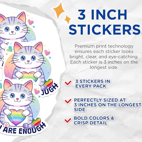 (3 Pack) LGBT Pride Cat Decals - Rainbow Heart - You are Enough - Laptop Decals - 3 Inches On Longest Side - Easy Peel & Apply - Made in USA - 3MCS7956