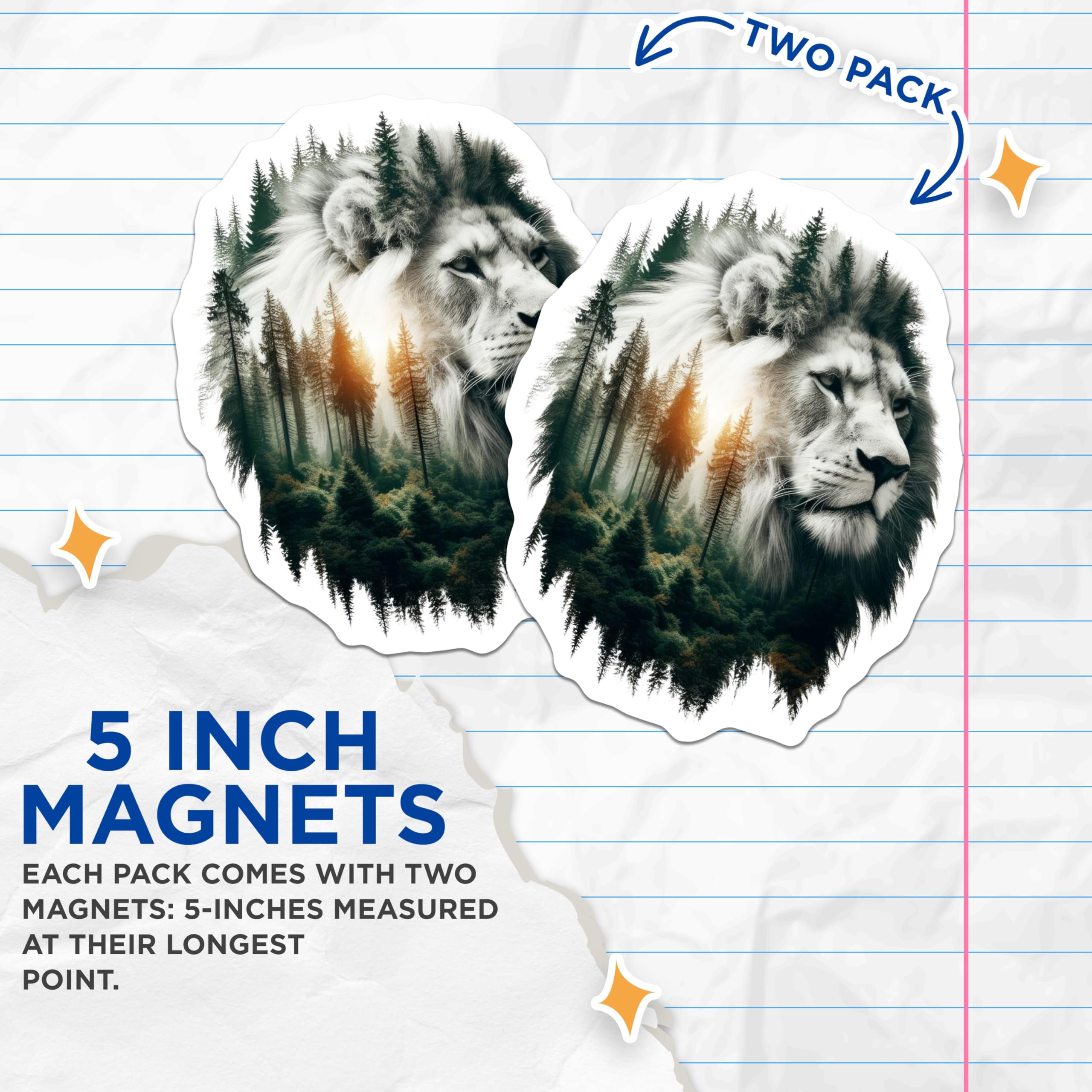 (2 Pack) Lion Forest Magnets - Animal Art Fridge Magnets - Nature Inspired Home Decor - 5" On Longest Side - Premium Magnet - for Cars, Refrigerators, Toolboxes, Lockers - Made in USA - MAG15099
