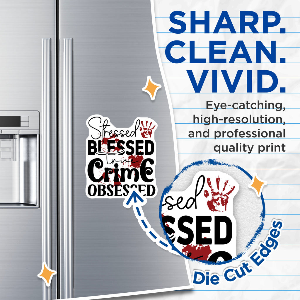 (2 Pack) True Crime Magnets - Stressed Blessed Obsessed - Funny Blood Splatter Fan Decor - True Crime Lover Accessories - 5 Inches On Longest Side - Thick Durable Magnet - Made in USA - MAG39909