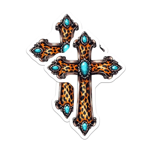 (2 Pack) Leopard Print Cross Stickers - 5" On Longest Side - Sticks to Smooth Flat Surfaces - Made in USA - BMCS8731 - BMCS8731