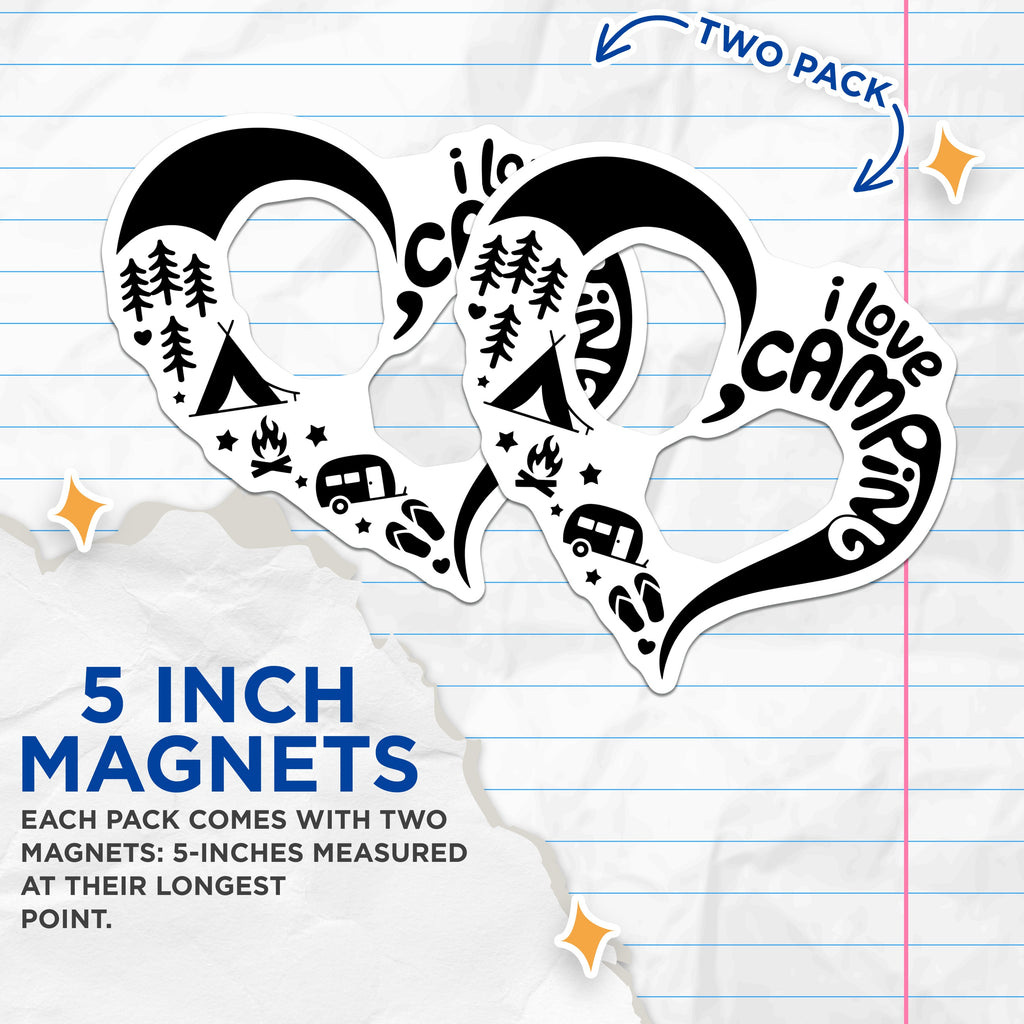(2 Pack) I Love Camping Magnets - Outdoor Adventure Decor - RV Camper Travel Accessory - Nature Enthusiast Hiking Fan - 5 Inches On Longest Side - Thick Durable Magnet - Made in USA - MAG37573