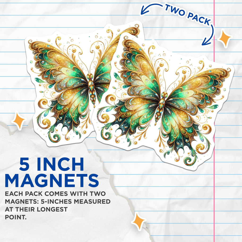 (2 Pack) Ornate Butterfly Magnets - Emerald Gold Fridge Decor - Whimsical Nature Art - 5 Inches On Longest Side - Thick Durable Magnet - Made in USA - MAG38194