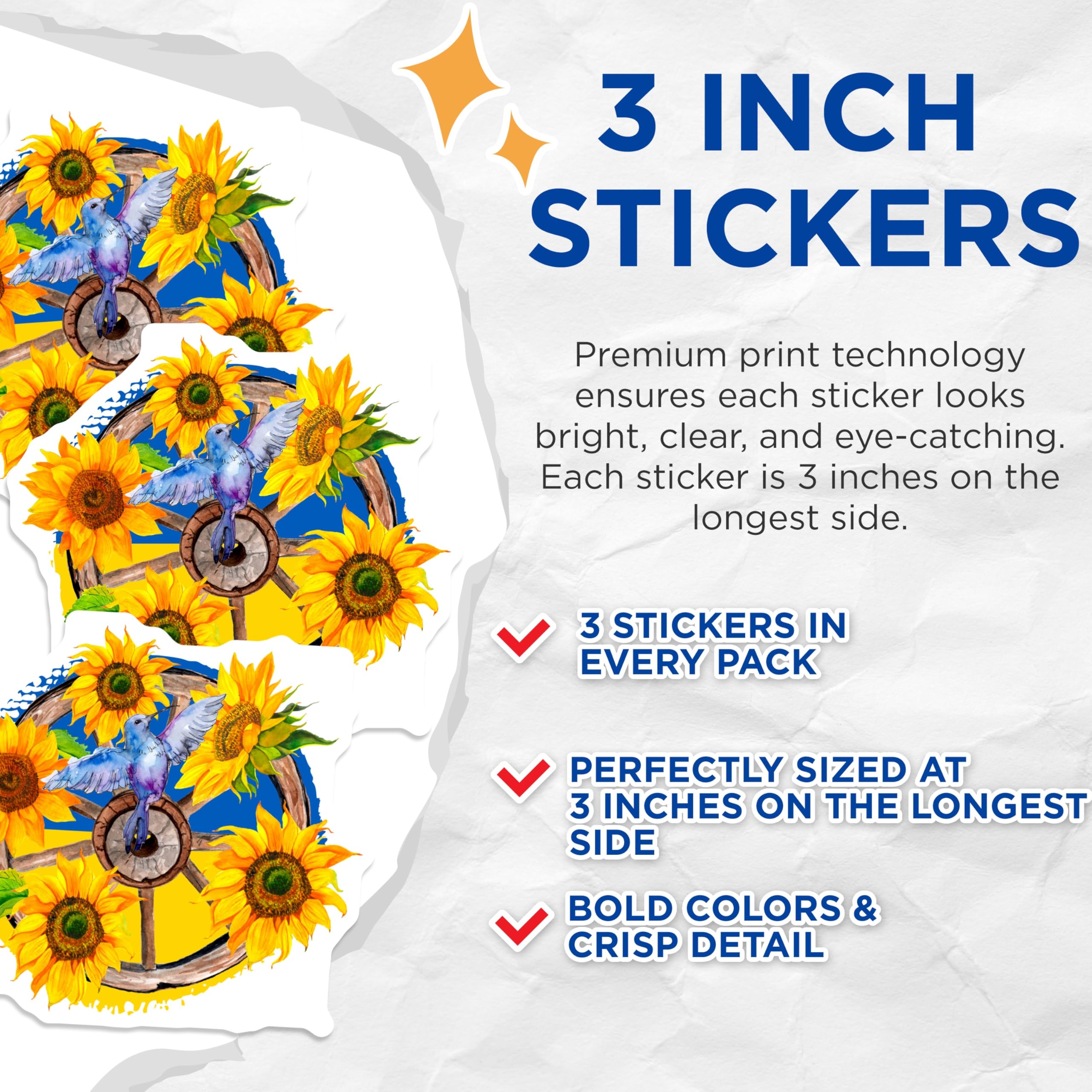 (3 Pack) Ukraine Support Decals - Sunflower Decal - Ukraine Flag Decal - 3 Inches On Longest Side - Easy Peel & Apply - Made in USA - 3MCS4474