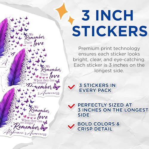 (3 Pack) Alzheimer's Awareness Decals - Butterfly Memory Decals - Purple Feather Remembrance - 3 Inches On Longest Side - Easy Peel & Apply - Made in USA - 3MCS8550