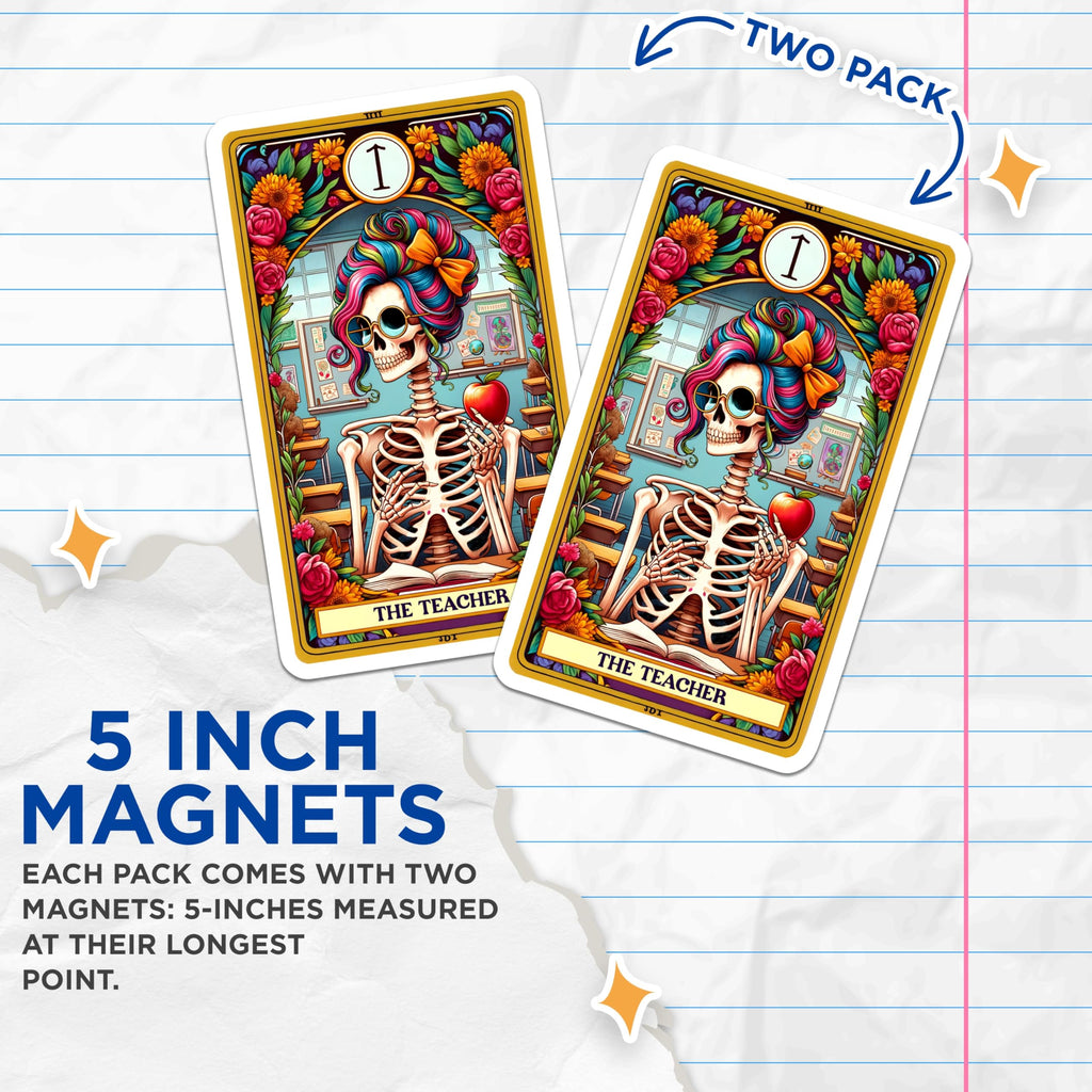(2 Pack) Skeleton Teacher Magnets - Quirky Classroom Decor - Funny Educator Tarot Card - 5 Inches On Longest Side - Thick Durable Magnet - Made in USA - MAG22102