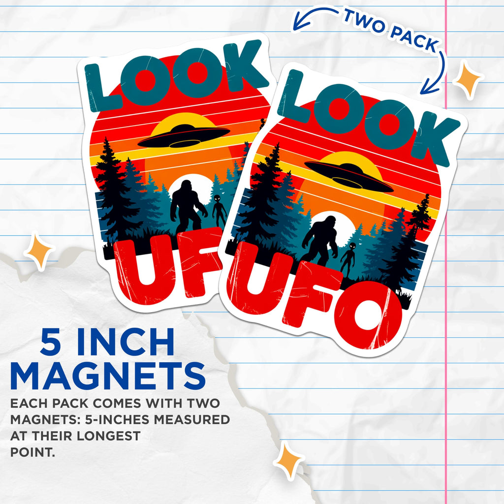 (2 Pack) UFO Bigfoot Alien Magnets - Retro Sunset Forest Encounter - SciFi Cryptozoology Artwork - 5 Inches On Longest Side - Thick Durable Magnet - Made in USA - MAG22871